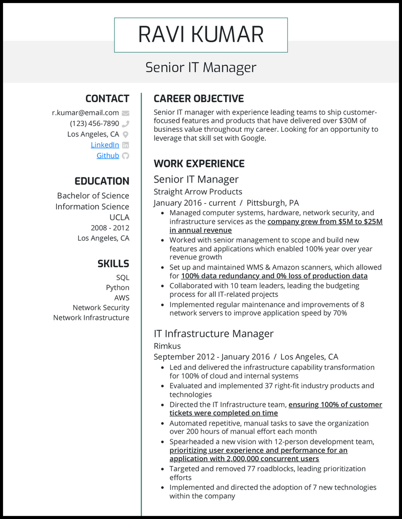 resume examples for it managers