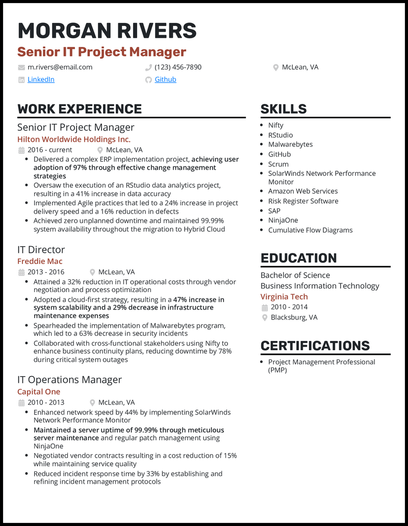 Senior IT project manager resume example with 13 years of experience