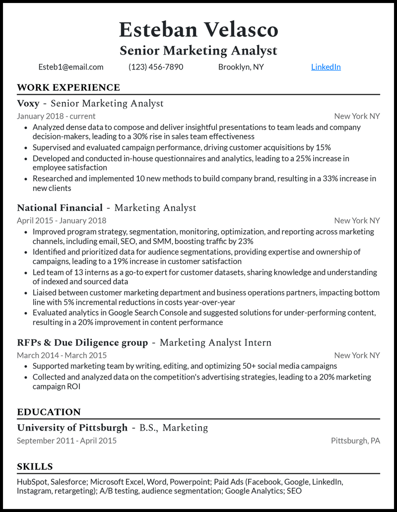 Formal senior marketing resume example