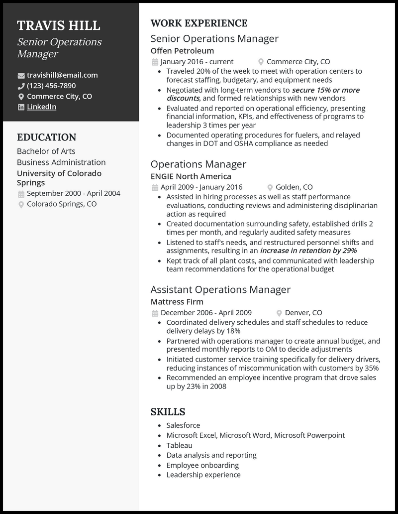 Senior operations manager resume example with 5+ years experience