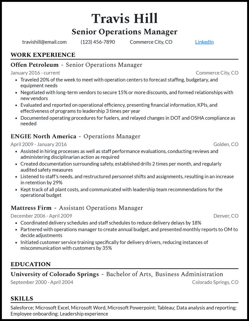 Clean senior operations manager resume example