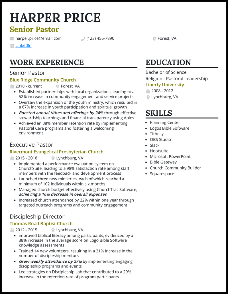 7 Pastor Resume Examples That Got - Senior Pastor Olive Resume Example 