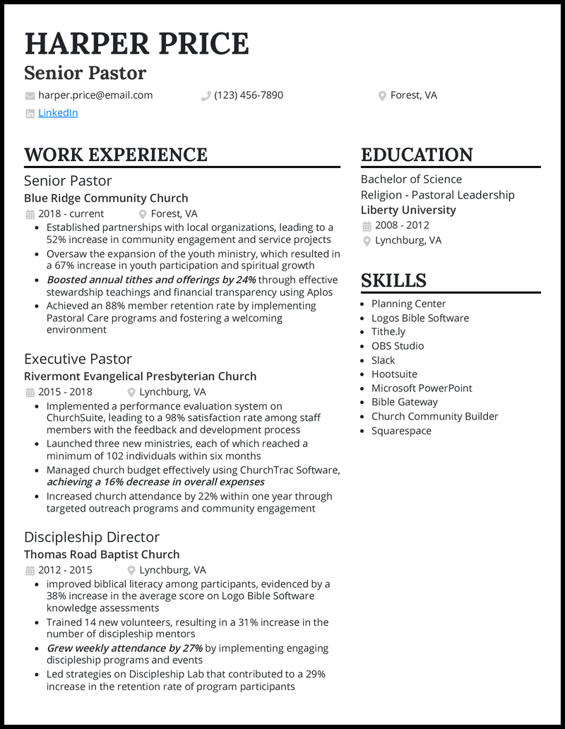 Senior Pastor resume example with 11 years experience