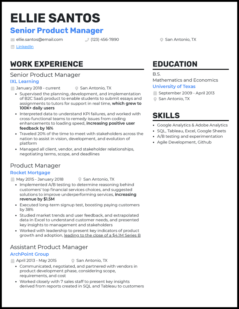 Product Manager Resume Examples 2024 Meade Octavia