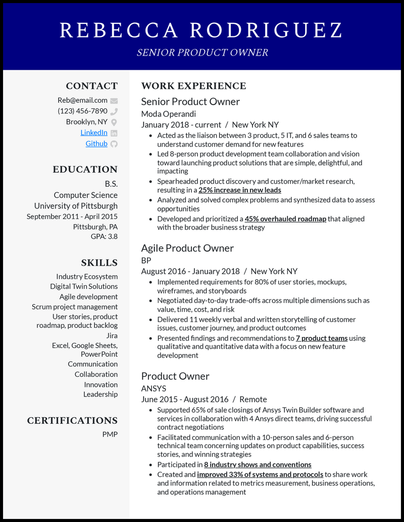 Clean senior product owner resume example with 7+ years experience