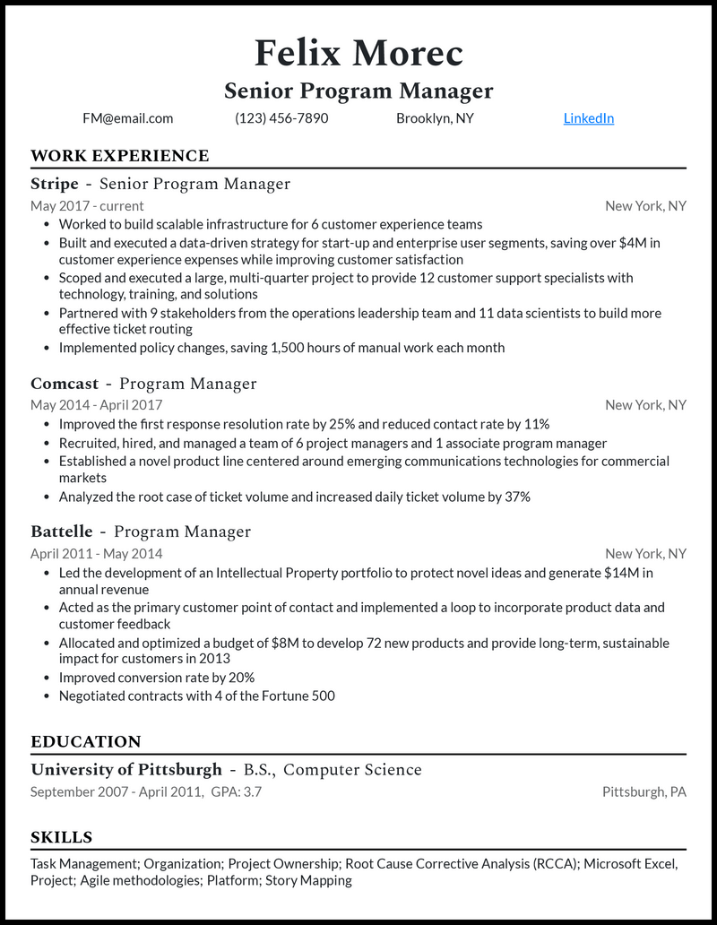 Modern senior program manager resume example with 8+ years experience