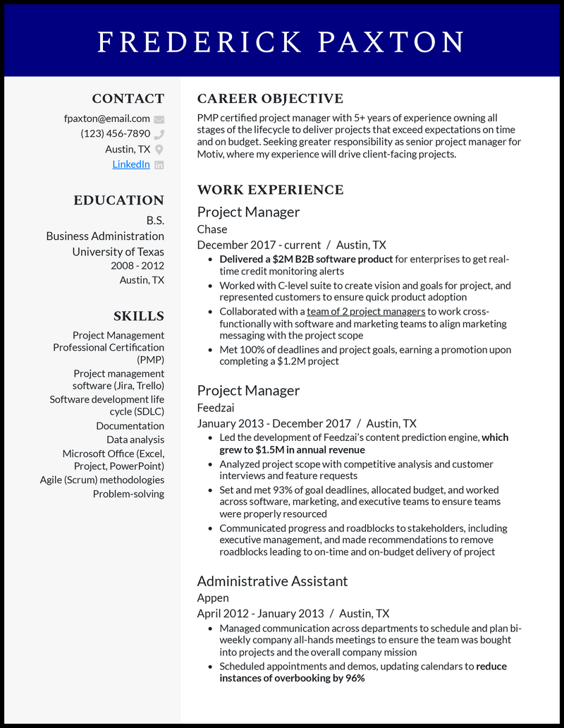 Modern senior project manager resume sample