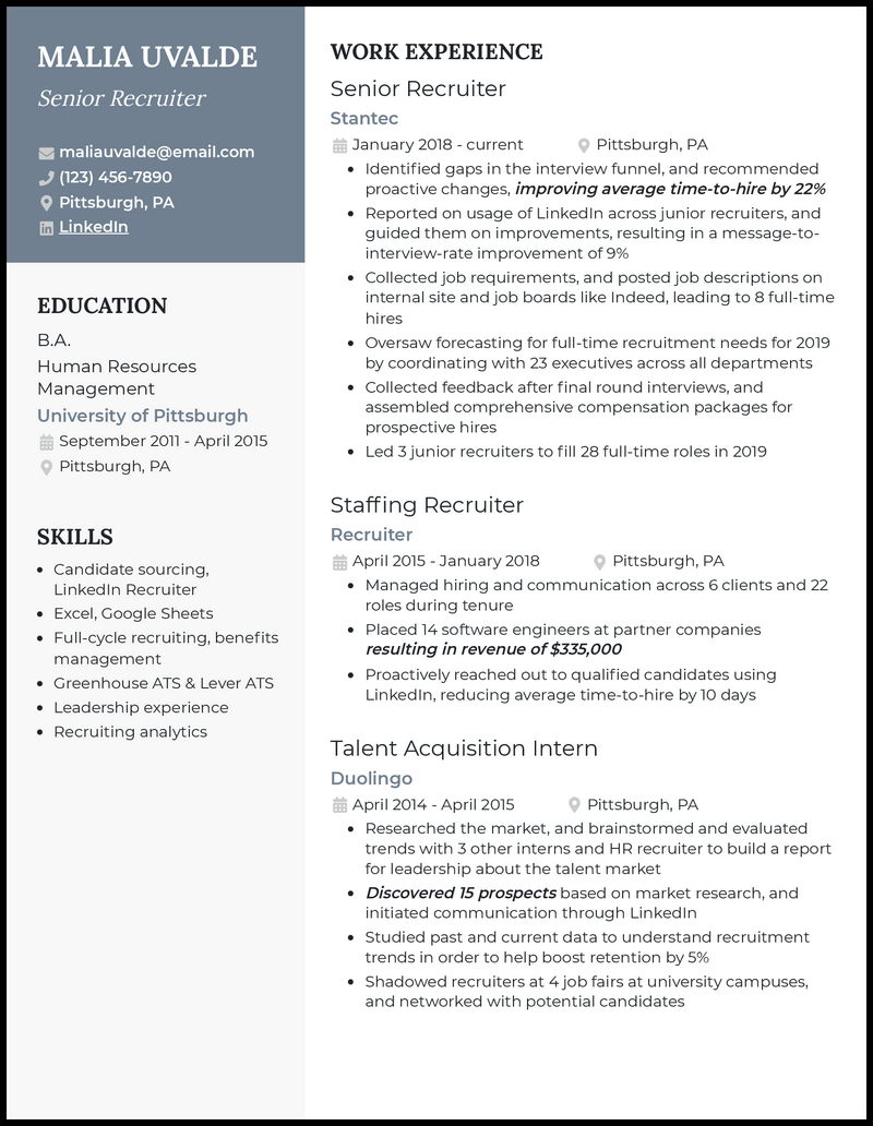 Senior recruiter resume example with 5+ years experience