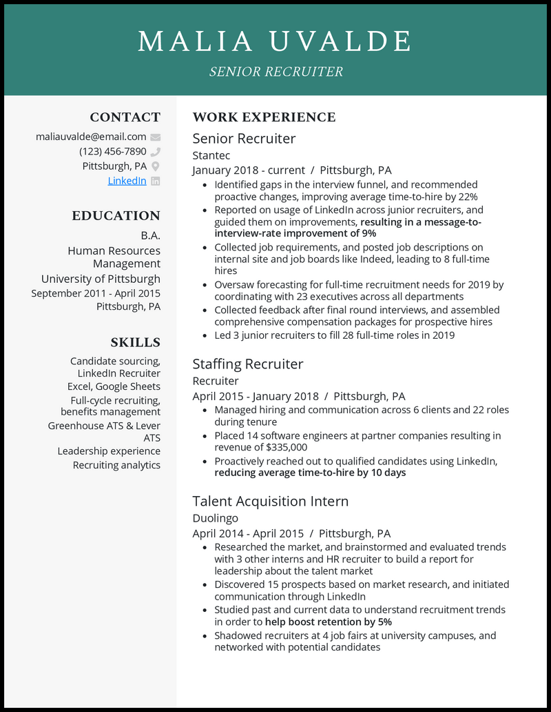 Elegant senior recruiter resume example