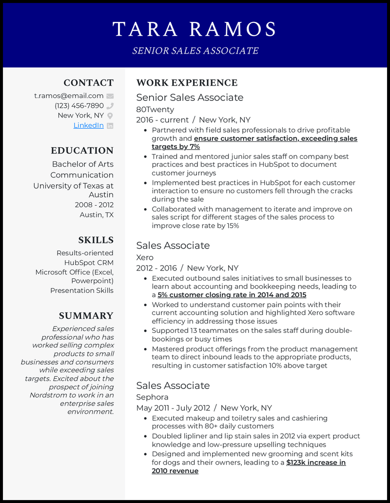 Senior sales associate resume example with 14 years of experience