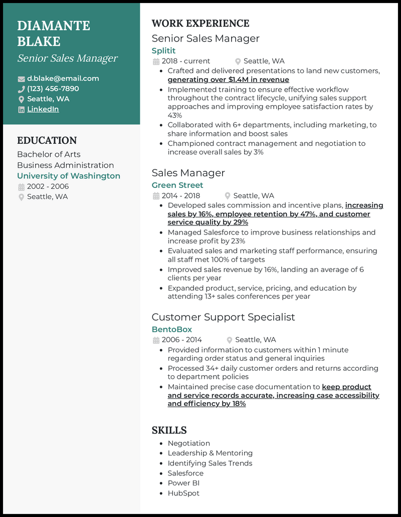 Senior sales manager resume example with 5 years of experience