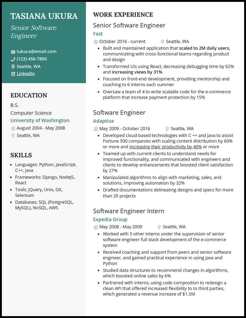 Senior software engineer resume example