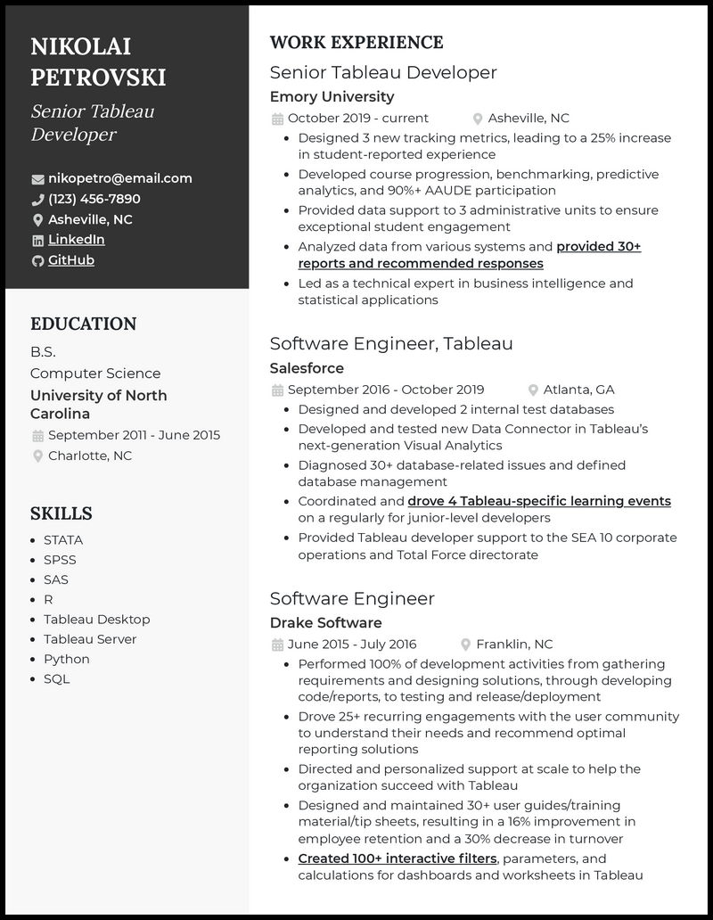 Professional senior tableau developer resume example with 4+ years experience