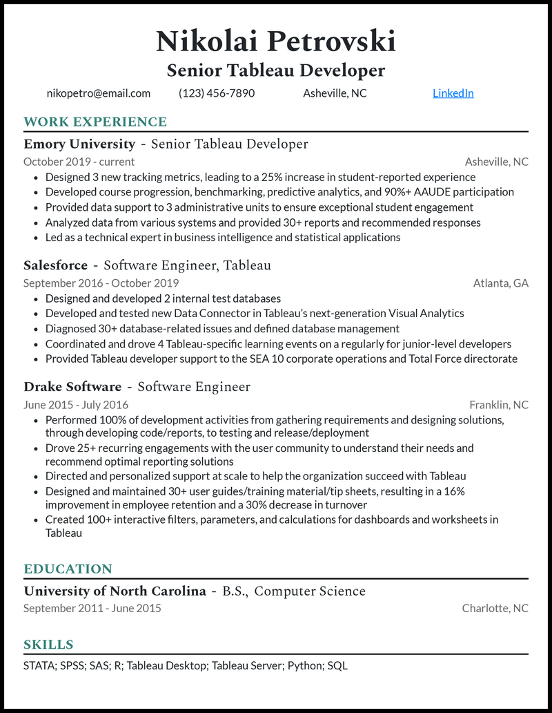 Formal senior tableau developer resume example with 4+ years experience