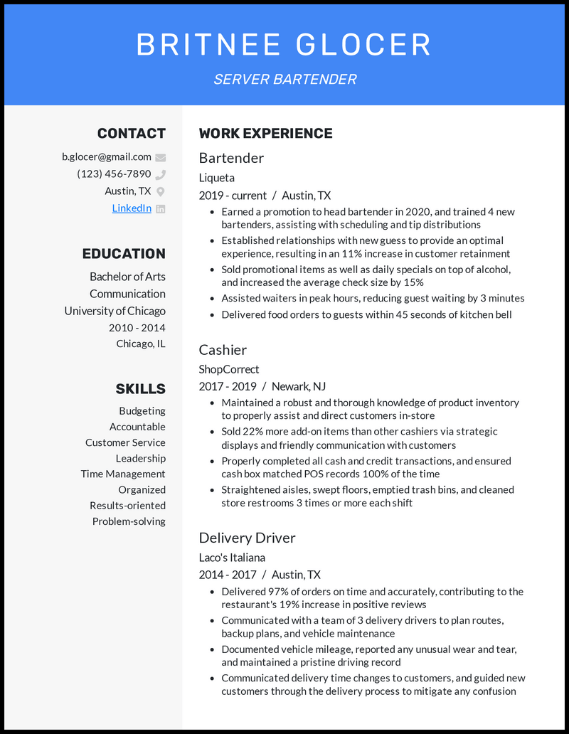 bartender resume no experience