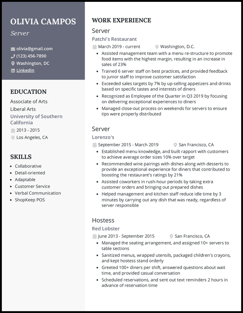 21 Server Resume Examples for 2025 - Server Gray Resume Example 