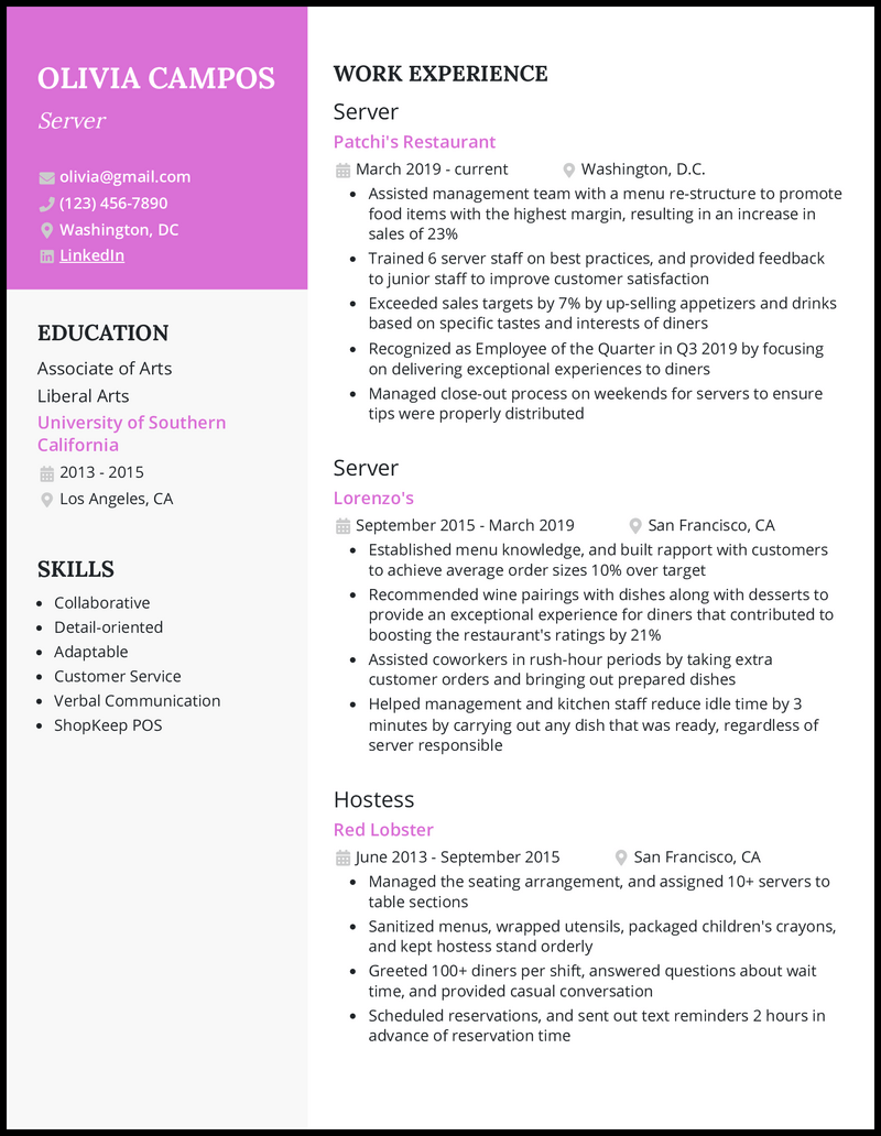 21 Server Resume Examples for 2025 - Server Orchid Resume Example 