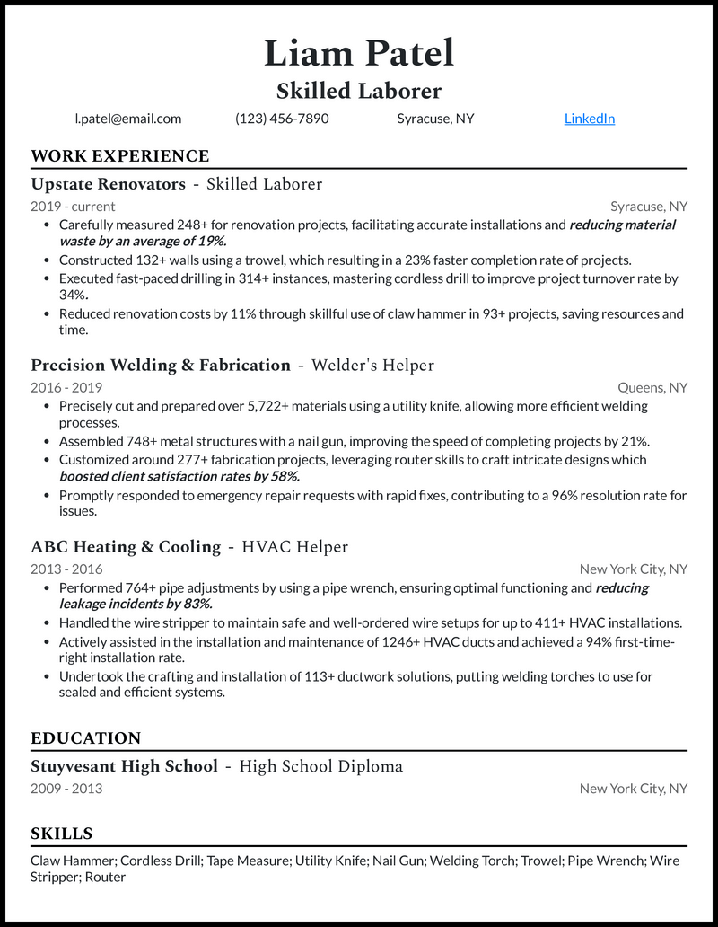 Skilled laborer resume example with welding experience