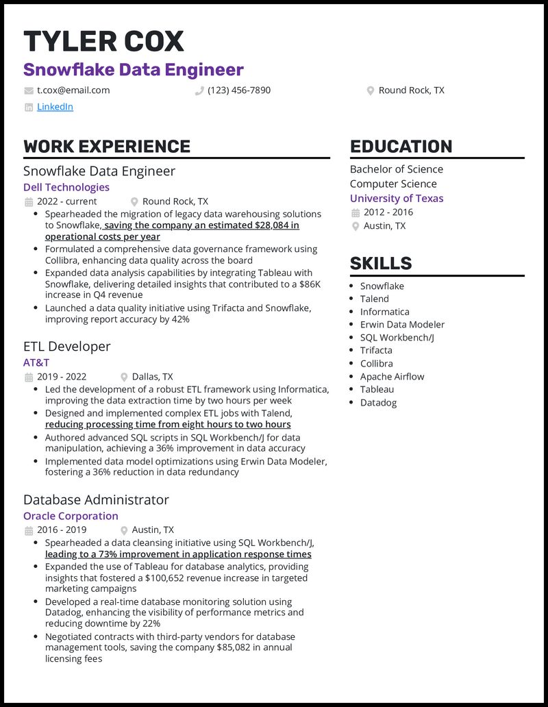 Snowflake data engineer resume example with 8 years of experience