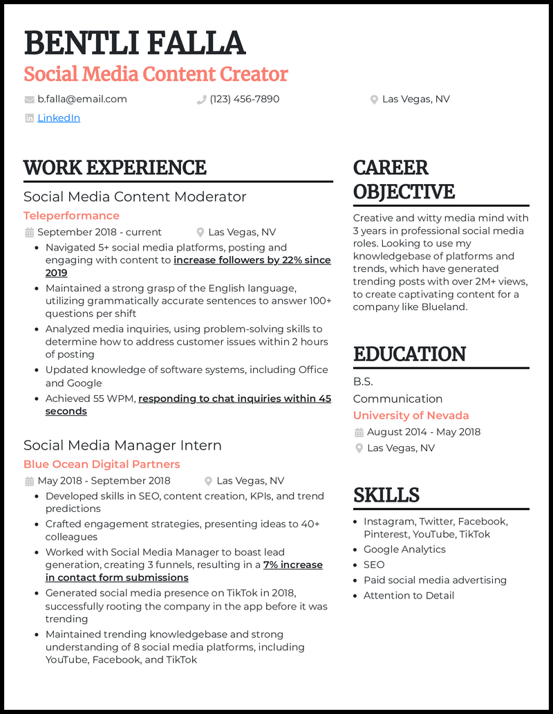 sample resume for facebook