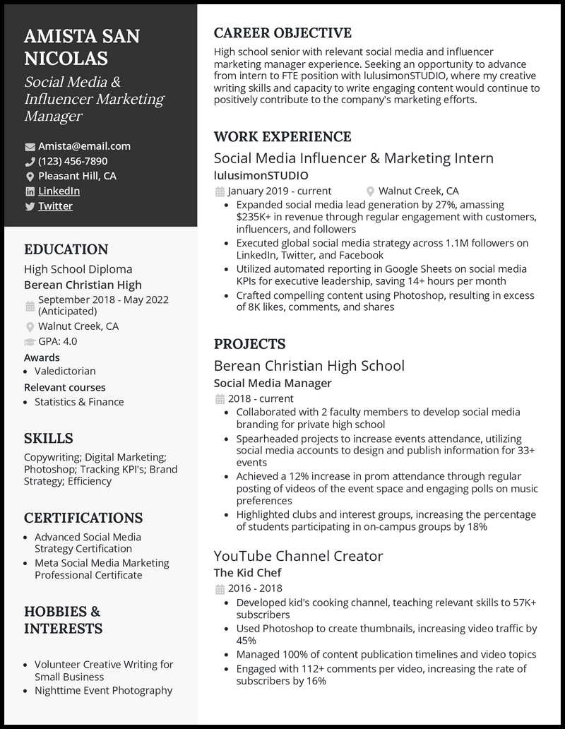 Modern social media influencer resume example