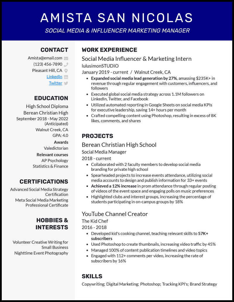 Social media influencer resume example with 6+ years experience