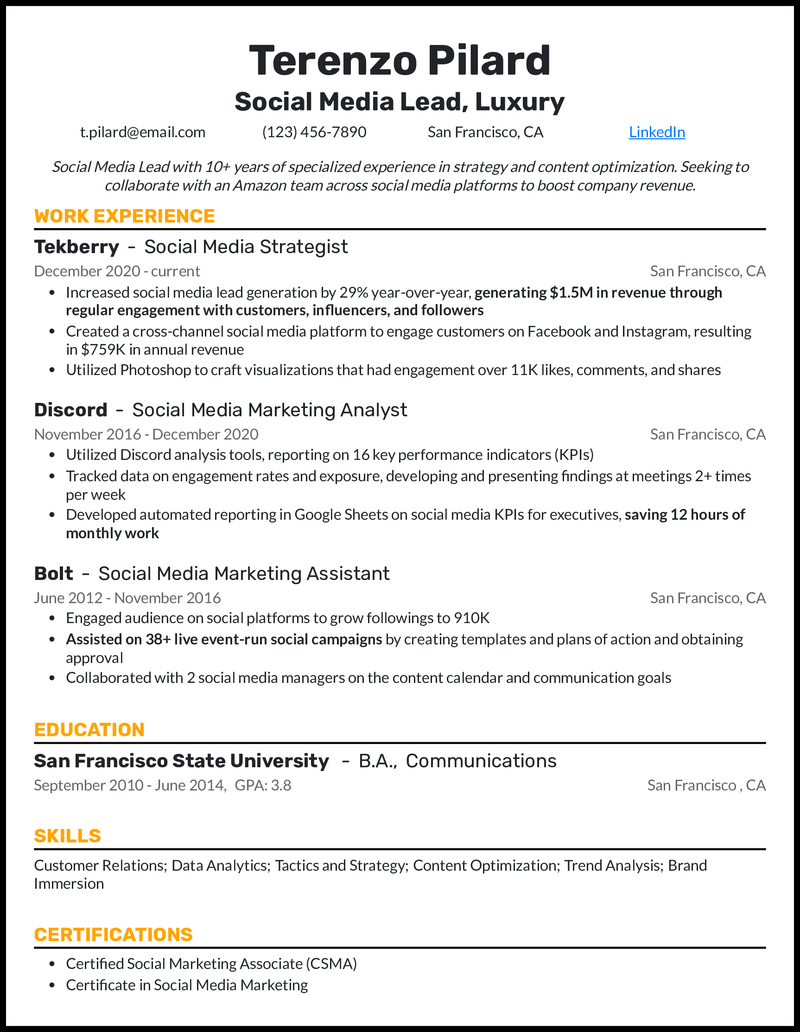 Social media lead resume example with 10+ years of experience