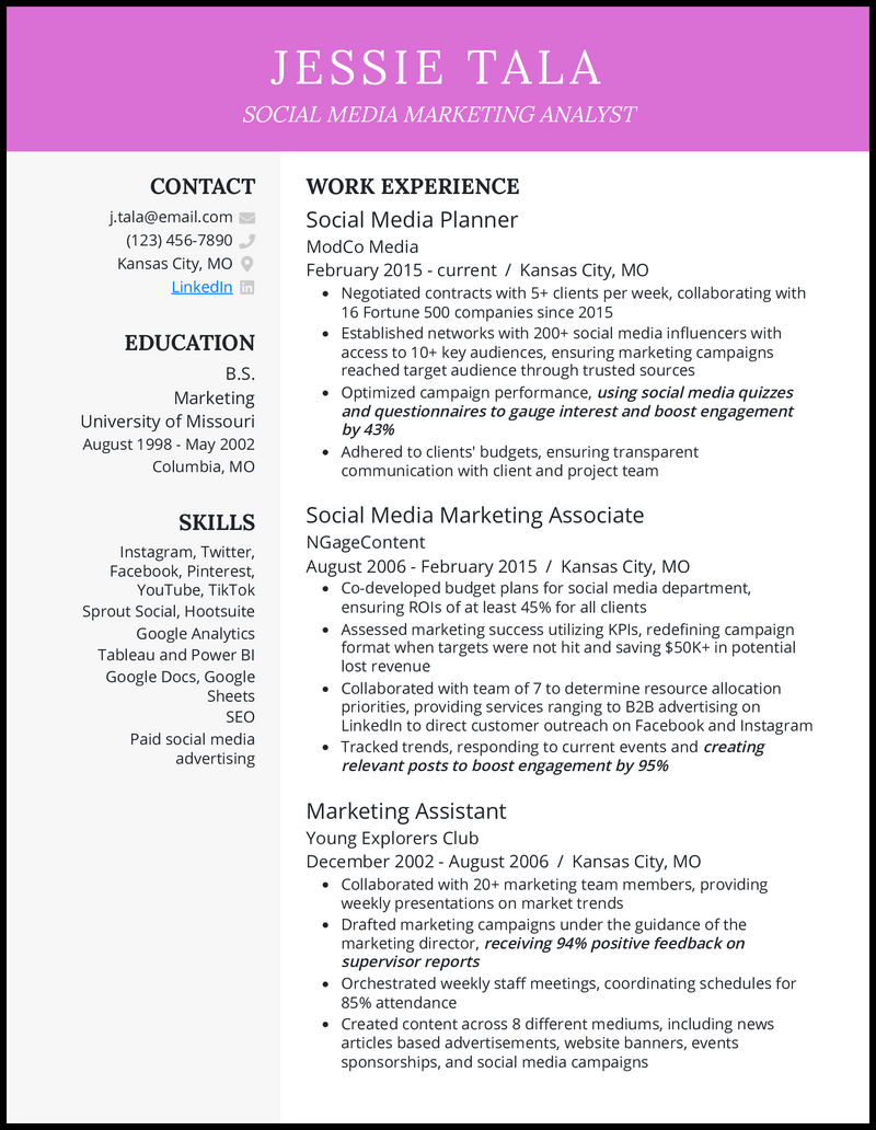 Social Media Marketing Analyst  Resume Example