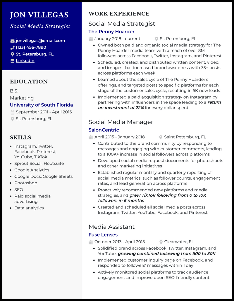 Professional social media strategist resume example