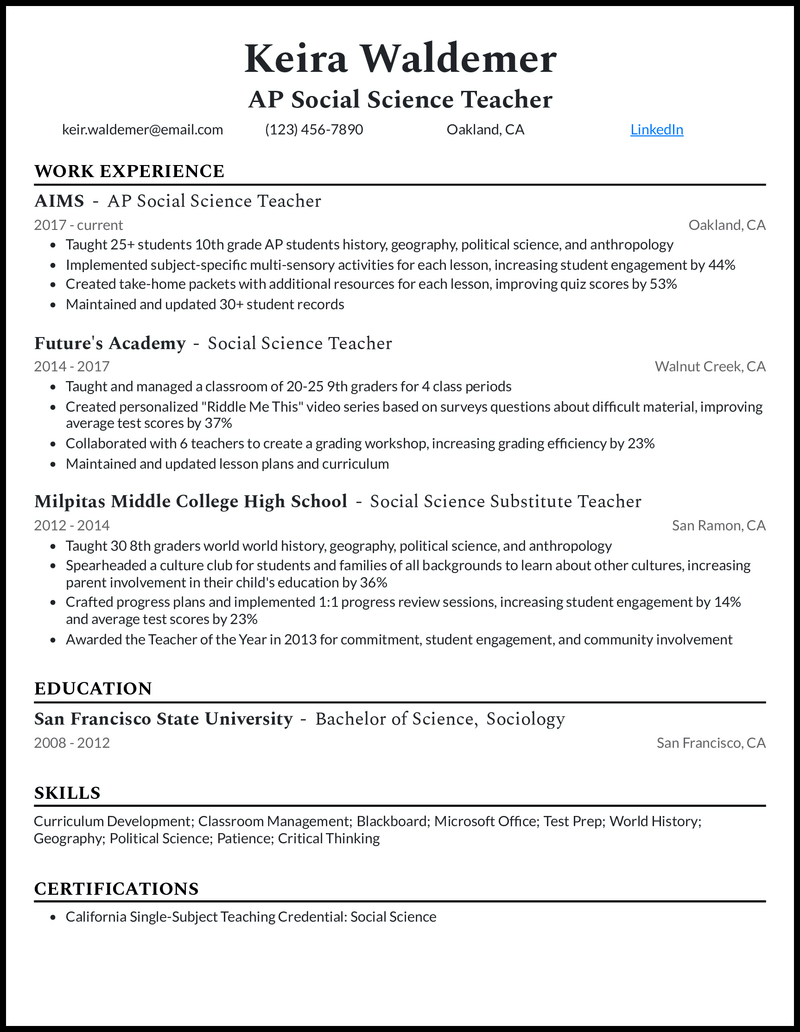 Modern social science teacher resume example