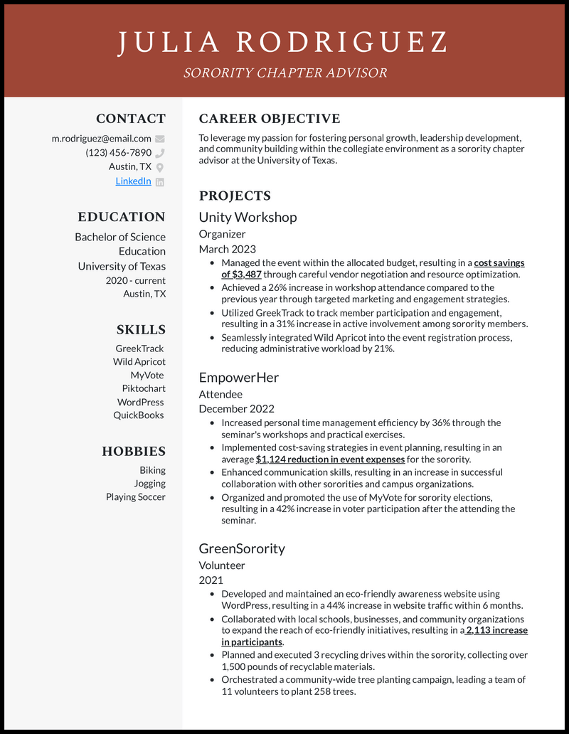 7 Sorority Resume Examples That - Social Sorority Red Brown Resume Example 