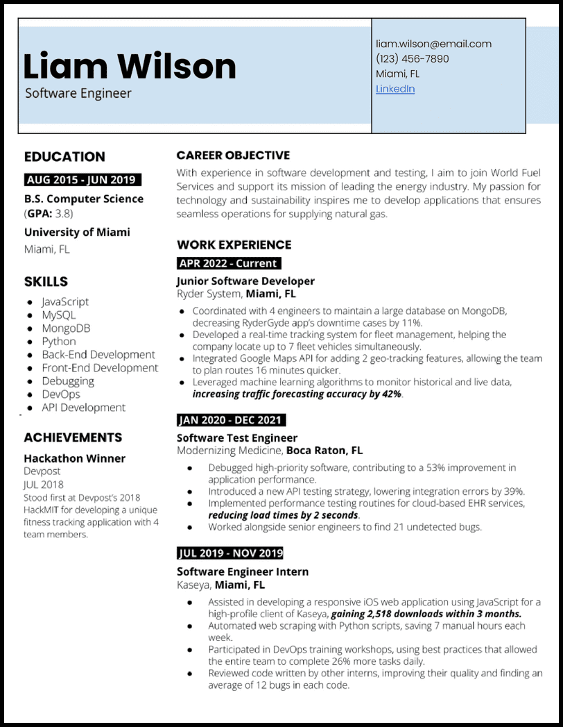 Software engineer Google docs resume template with blue contact header