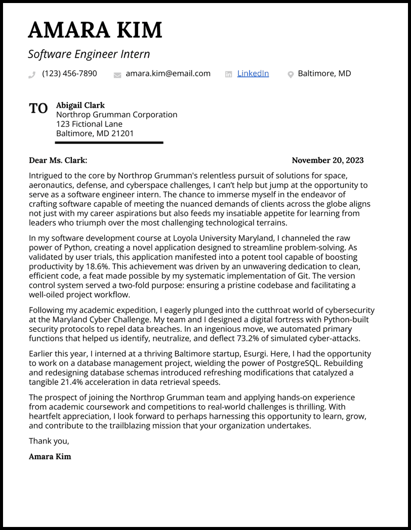 Software Engineer Intern Cover Letter Example 