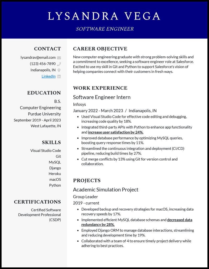 Clean software engineer new grad resume example with 6+ years experience