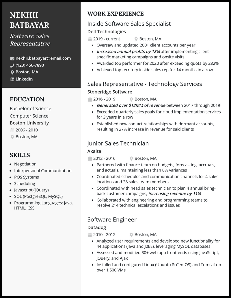 Software sales resume example with 5+ years experience