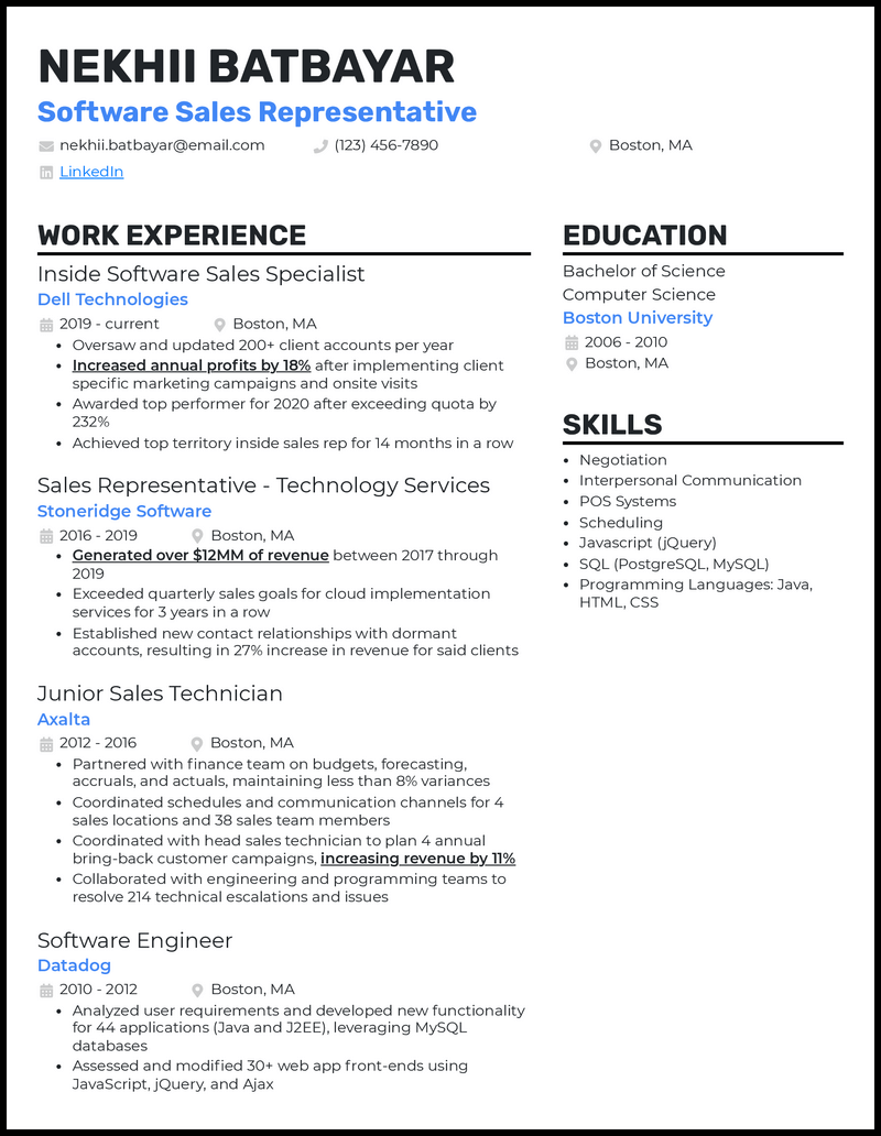 Professional software sales resume example