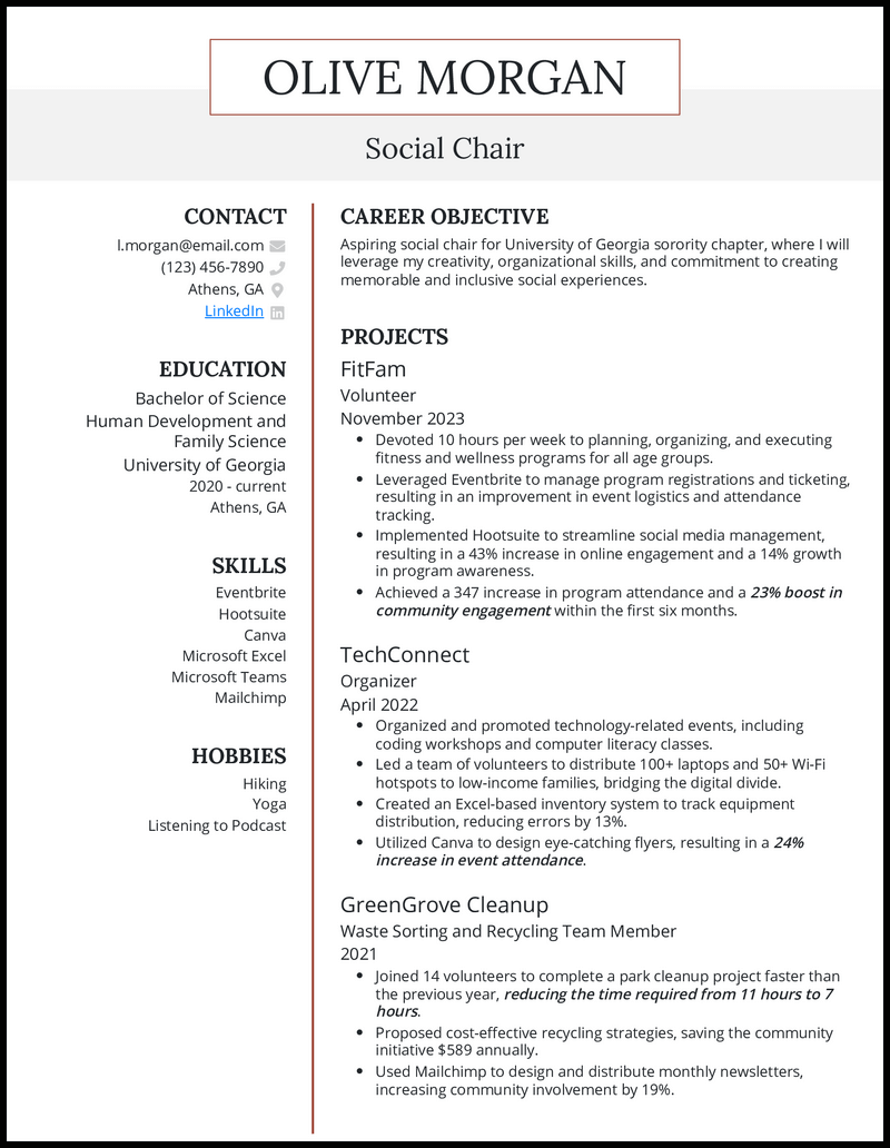 7 Sorority Resume Examples That - Sorority Chair Red Brown Resume Example 