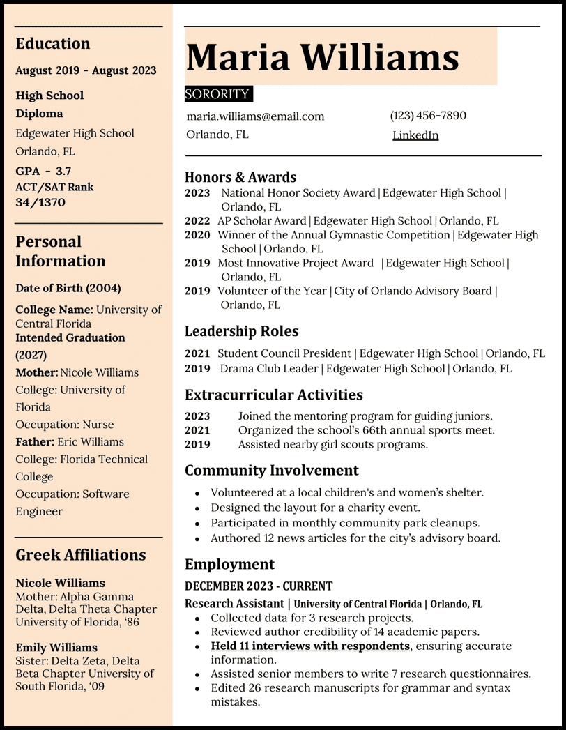 Sorority resume template for Word and Google Docs