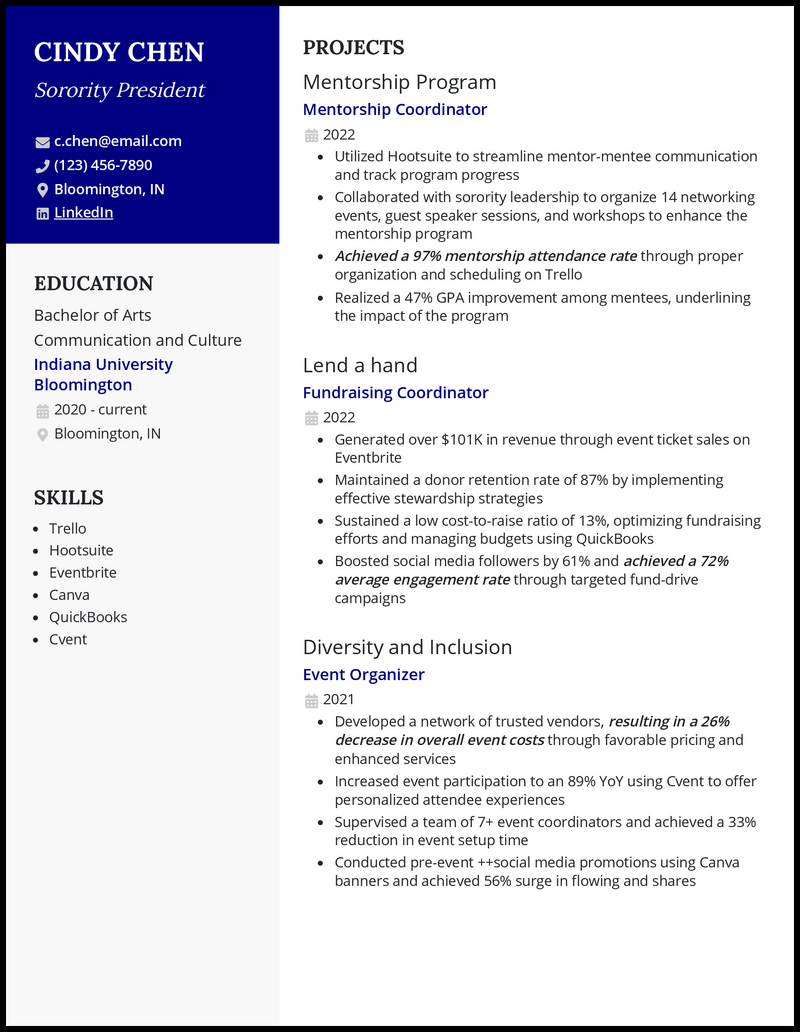 Sorority president resume example with 2 years of sorority project experience