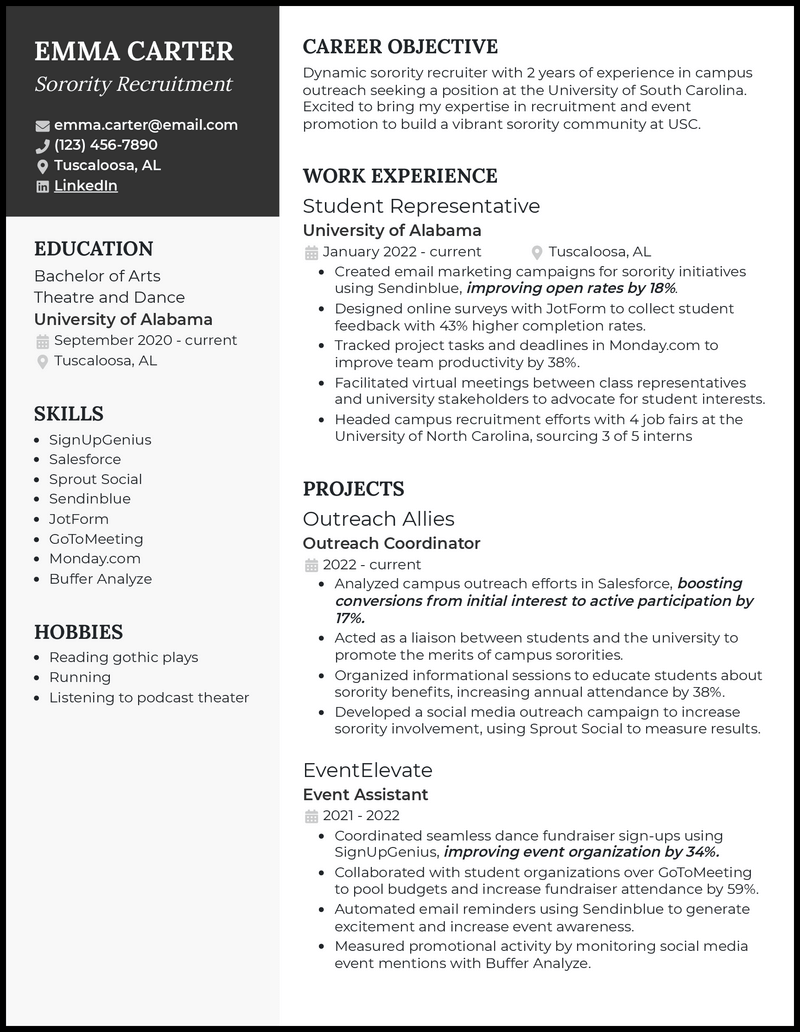 Sorority recruitment resume example with 6+ years experience