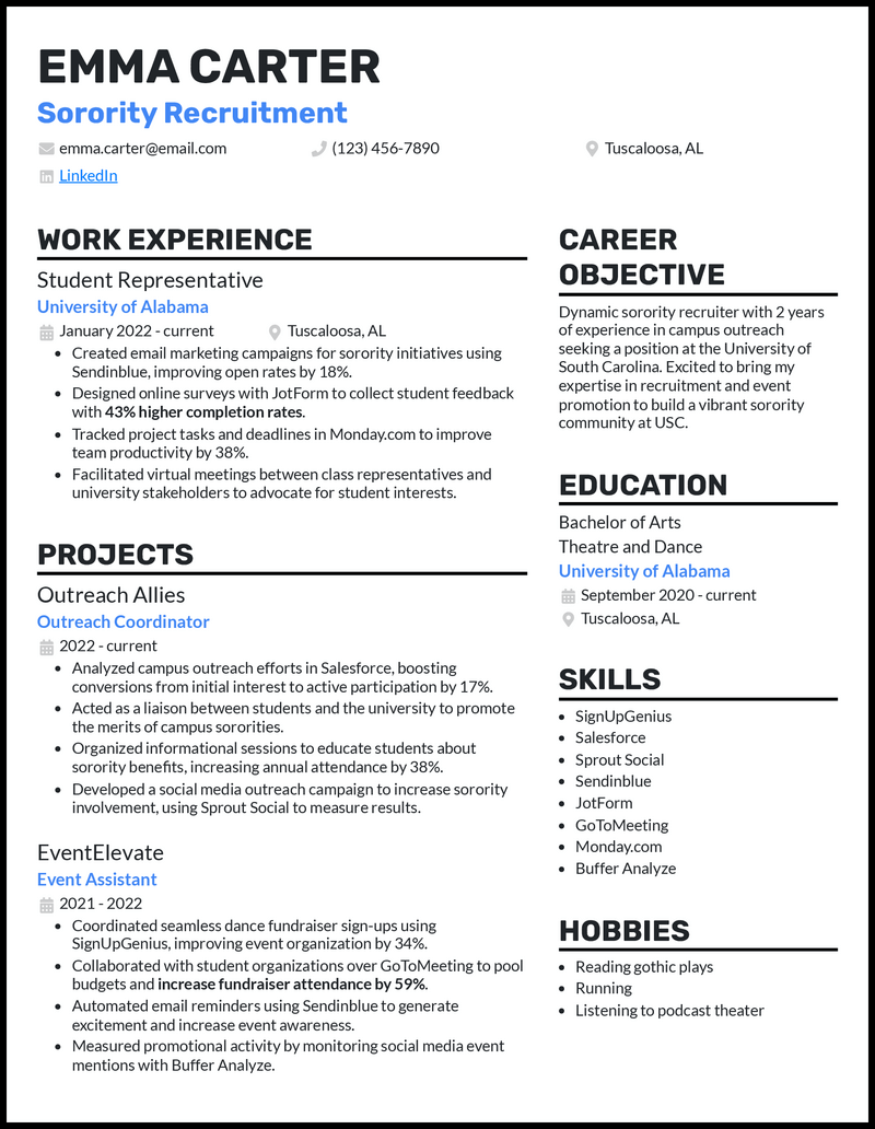 Sorority recruitment resume example with 1+ years of experience as a student representative 