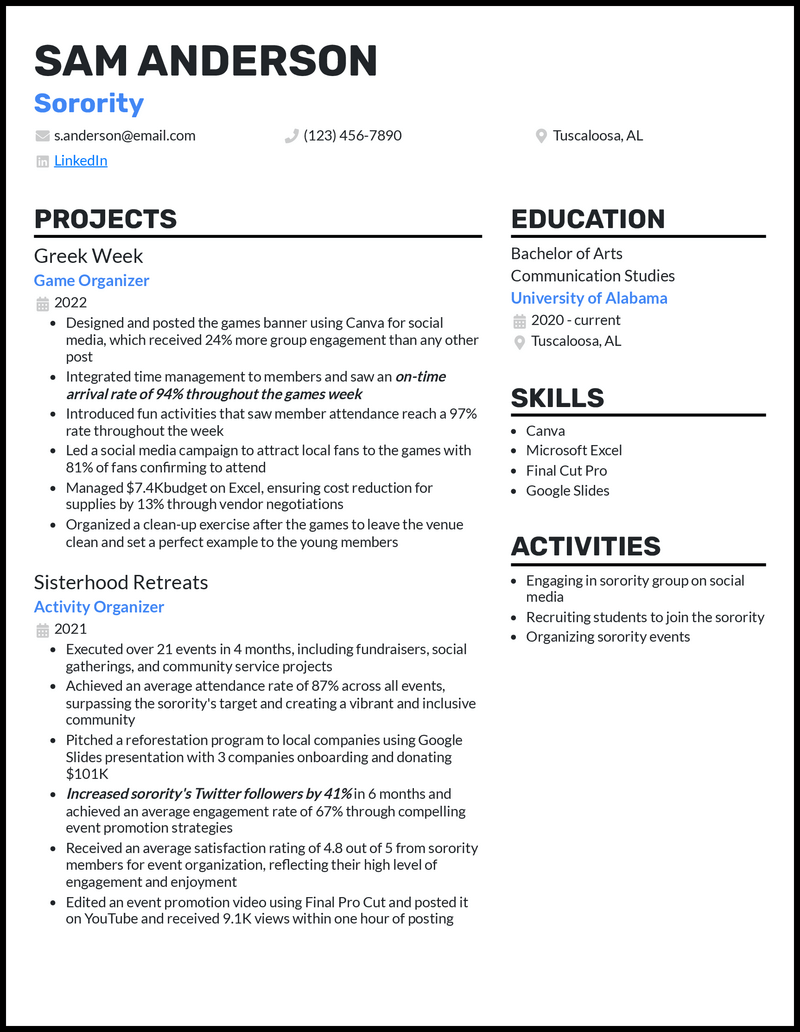 Sorority resume example with sorority project experience