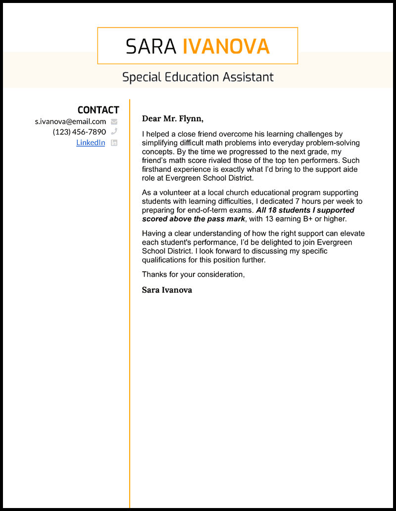 Special education teacher assistant cover letter template
