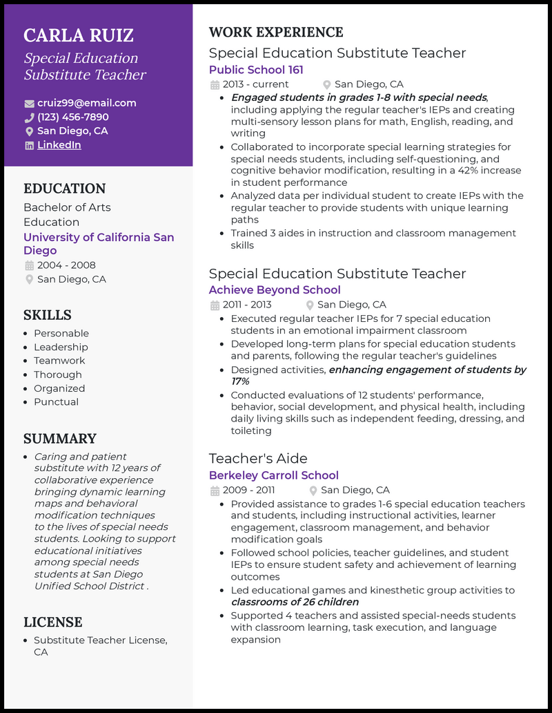 Special education substitute teacher resume example with 4+ years experience