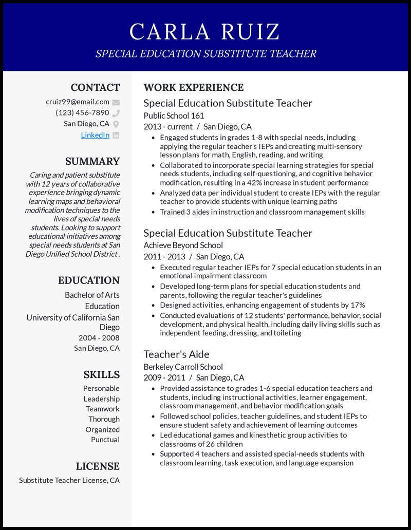 substitute teacher resume no experience