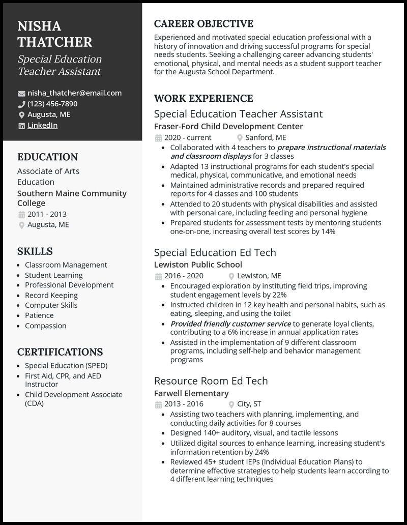 Special education teacher assistant resume example with 8 years of experience