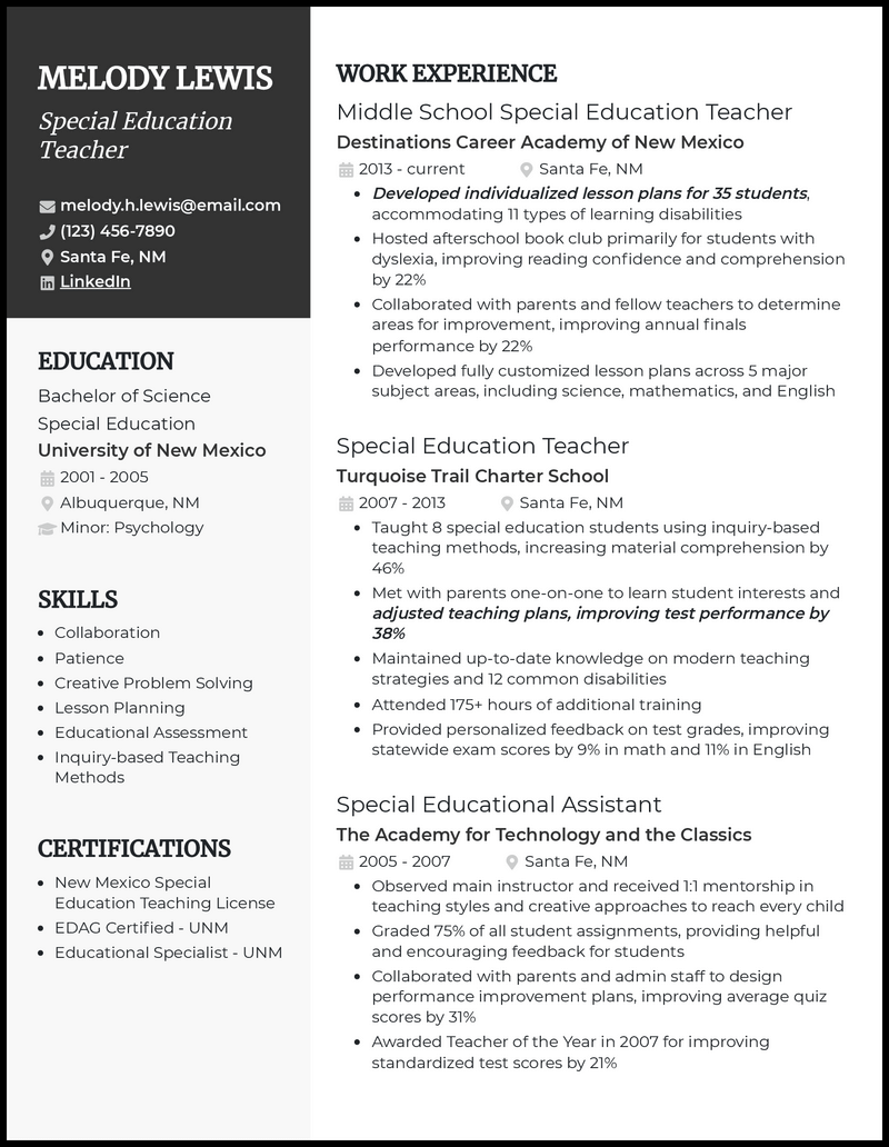 Special education teacher resume example with 7+ years experience