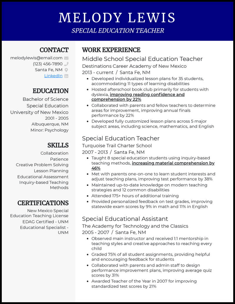 Clean special education teacher resume example