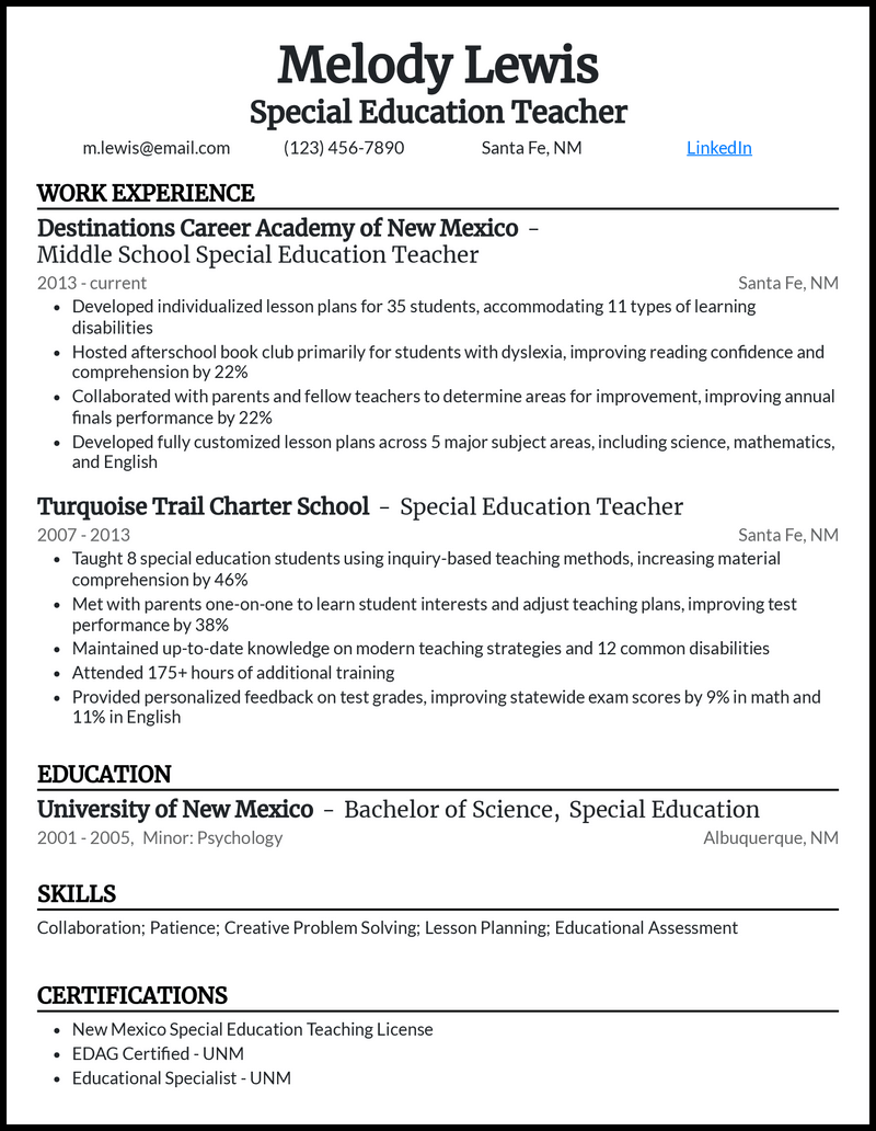 Modern special education teacher resume example