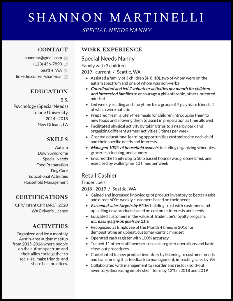 Special needs nanny resume example with 7+ years experience